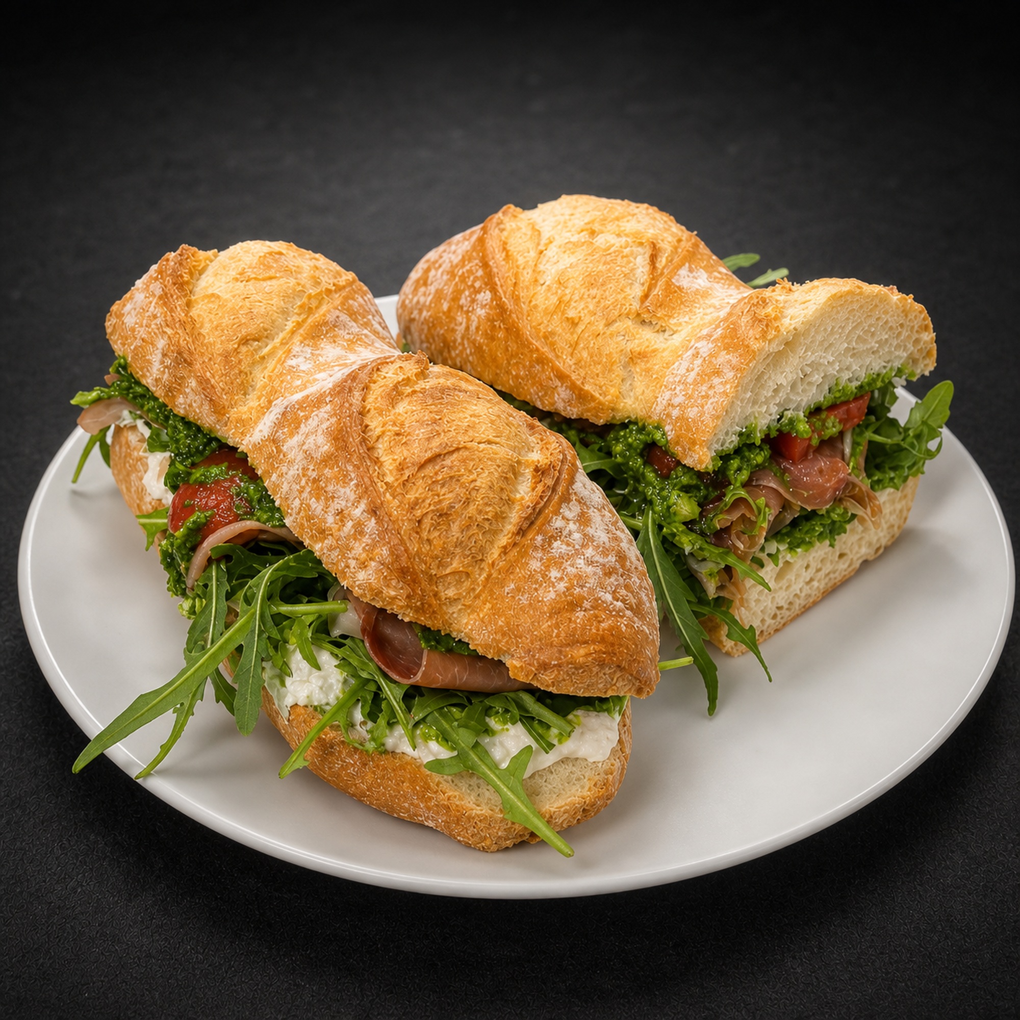 ciabatta z burratą, pomidorkami, rukolą, prosciutto i pesto szpinakowym